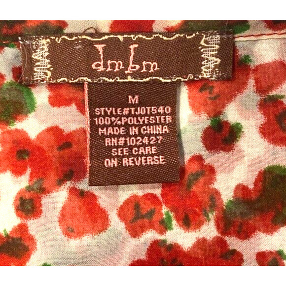 DMBM Red Sheer Floral V-Neck Pullover Shirt Top Blouse women's size Medium - Picture 2 of 6